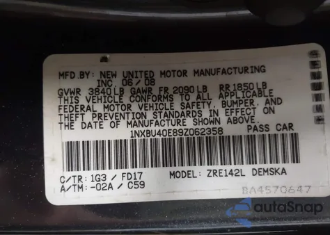 2009 Toyota Corolla S from USA, damaged, VIN 1NXBU40E89Z062358